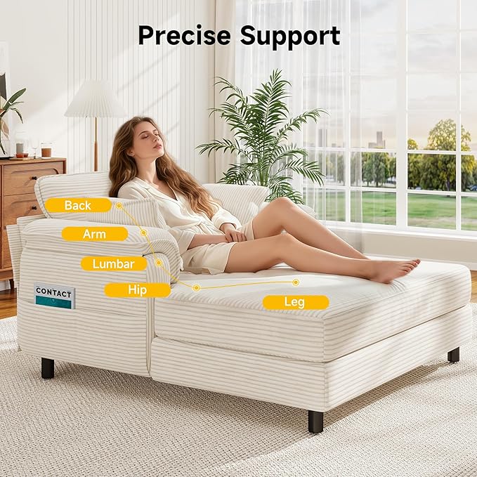 Winlice 58'' Chaise Lounge Chair Indoor, Oversized Corduroy Wooden and Iron Frame Sofa Bed, Comfy Upholstered Lounge Sleeper Couch with 4 Storage Pockets for Living Room, Sunroom, Study, Beige