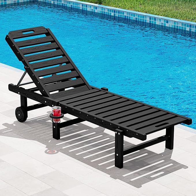 SERWALL Patio Chaise Lounge Chair, HDPE Outdoor Lounge Chair with Cup Holder, 5 Positions Adjustable Poly Lounger with Rolling Wheels for Poolside, Deck, Sunbathing, Black