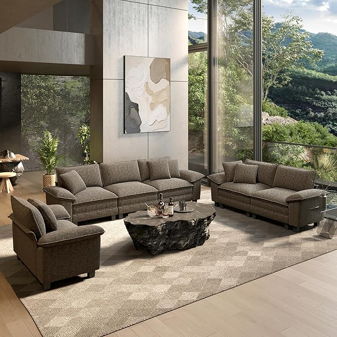HERA'S HOUSE 3 Pieces Modular Sectional Sofa Sets, Oversized Couch Set with Loveseats and Armchair, Comfy Cloud Couches with Throw Pillows, 6-Seater Deep Seat Sofa for Living Room, Chenille Ash