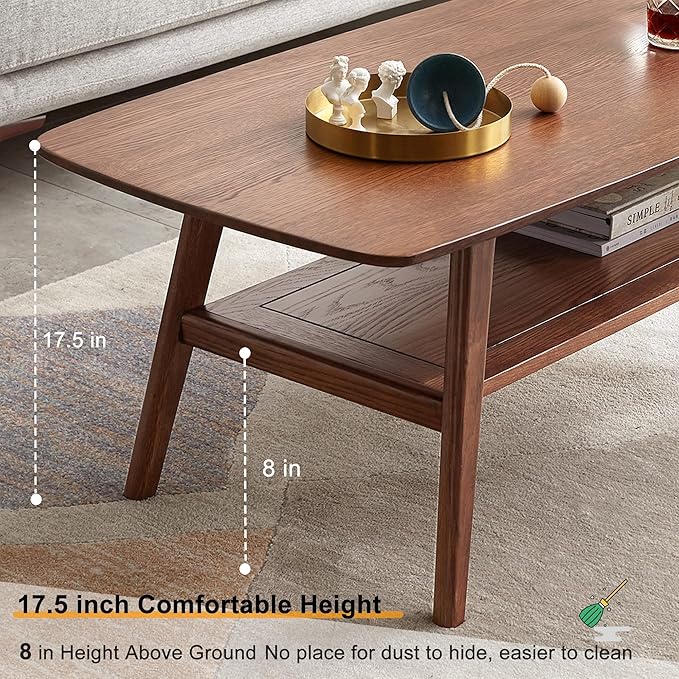 QKFF Modern Solid Wood Coffee Table, 2-Tier Small Wooden Coffee Table with Storage Shelf for Living Room, Apartment, Office, Walnut (32''D x 20''W x 18''H)
