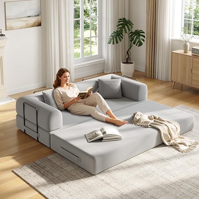 79 Inch 5-in-1 Convertible Sofa Bed, Corduroy Boneless Floor Couch with Fixed Frame & Pillow, Modular Folding Mattress Lounger for Small Space, Living Room, Bedroom - Easy Assembly(Light Gray)