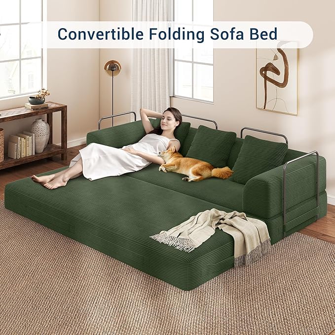 Cloud Boneless Convertible Sleeper Sofa Bed for Living Room 89" 4-in-1 Foldable Compressed Lounge 3 Seater Floor Couches High-Density Sponge & Corduroy Fabric Multi-Form Pull Out Futon Daybed(Green)