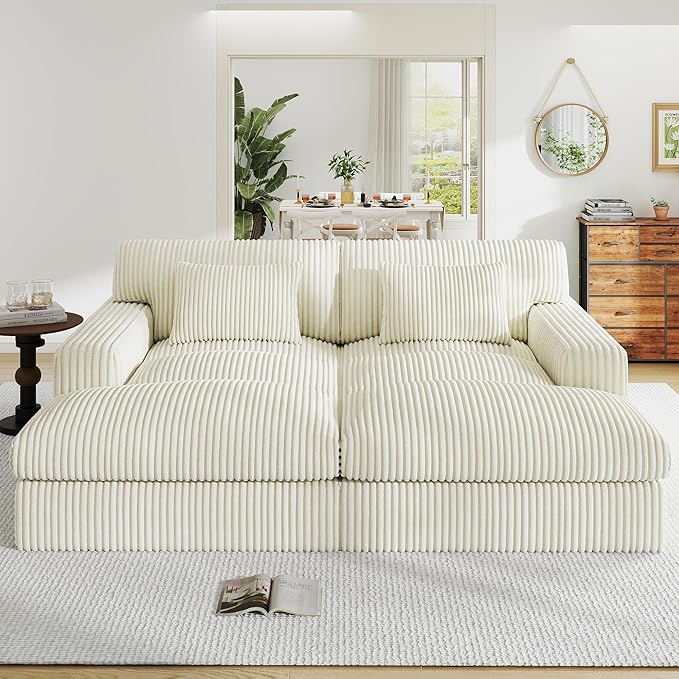83" Oversized Chaise Lounge Sofa Chair Indoor，Soft Corduroy Fabric, Boneless sofawith Cushion，A Comfortable, deep-Seated Cloud Sofa for use in The Living Room.(2-Seater-White)