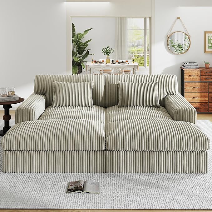 83" Oversized Chaise Lounge Sofa Chair Indoor，Soft Corduroy Fabric, Boneless sofawith Cushion，A Comfortable, deep-Seated Cloud Sofa for use in The Living Room.(2-Seater-Gray)