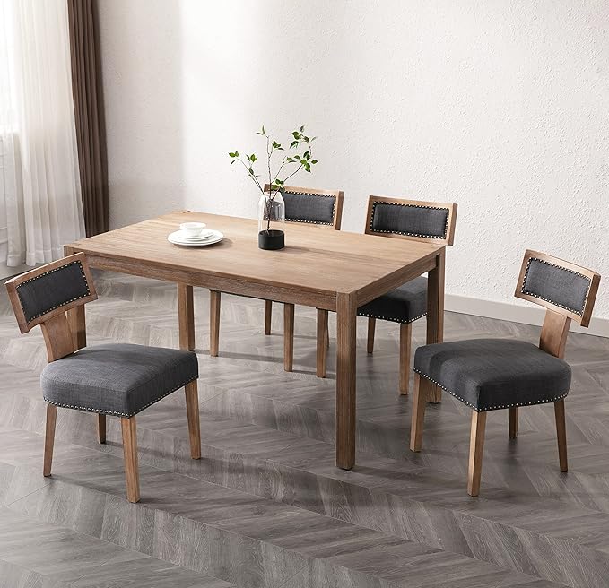 RIVOVA Mid Century Modern Dining Chairs Set of 4 Linen Fabric Upholstered Kitchen Side Chairs with Nailhead Trim, Modern Kitchen Armless Solid Wood Dining Chairs, Charcoal