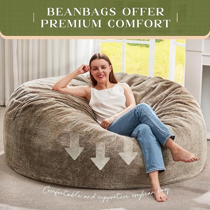 Hobestluk Bean Bag Chairs Giant Beanbag Chair with Filler, Memory Foam Bean Bags with Fluffy & Machine Washable Cover, Bean Bag Chairs for Aduts for Living Room, Bedroom (BROWN, 5FT - 50” x 50” x 24”)