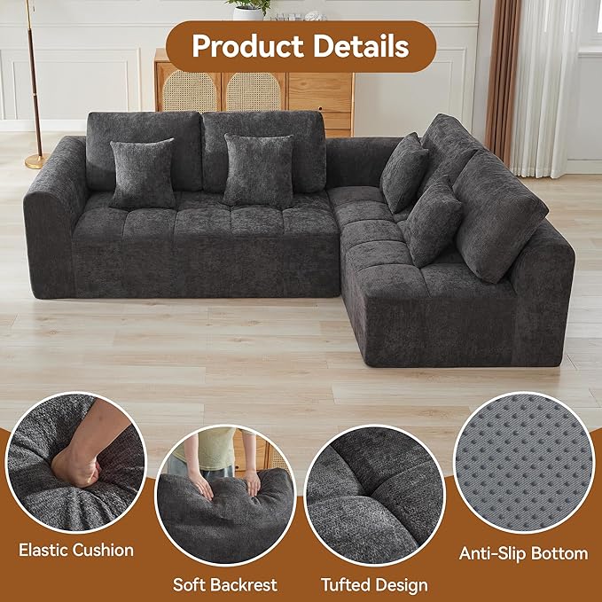 110''Modular Sectional Couches for Living Room, Cloud Boneless Compressed Sofa Right Facing Chaise, Oversized L Shaped 4 Seater Memory Foam Sofa, No Assembly, Chenille Grey