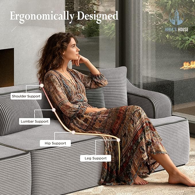 HERA'S HOUSE 105" Cloud Sectional Couch, Modular Upholstered Sofa with Wide Armrest, Corduroy Boneless Couches with 4 Throw Pillows for Living Room, No Assembly Required, Grey