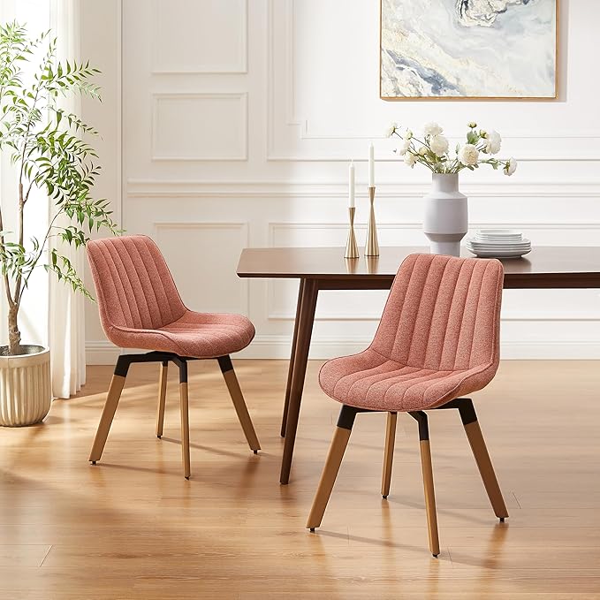 Art Leon Swivel Dining Chairs Set of 2, Mid Century Modern Kitchen Dining Room Chairs, Upholstered Fabric Armless Side Chair with Wood Legs for Living Room Bedroom, Rose