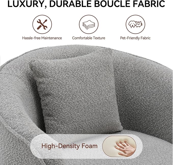 FaFaSoGoodFa Swivel Accent Chair Set of 2, Modern Upholstered Boucle Barrel Arm Chairs with Pillow for Living Room, 360 Degree Round Swivel Sherpa Armchair with Round Base for Bedroom Club (2, Grey)