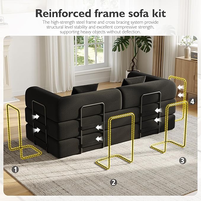 79 Inch 5-in-1 Convertible Sofa Bed, Corduroy Boneless Floor Couch with Fixed Frame & Pillow, Modular Folding Mattress Lounger for Small Space, Living Room, Bedroom - Easy Assembly(Black)