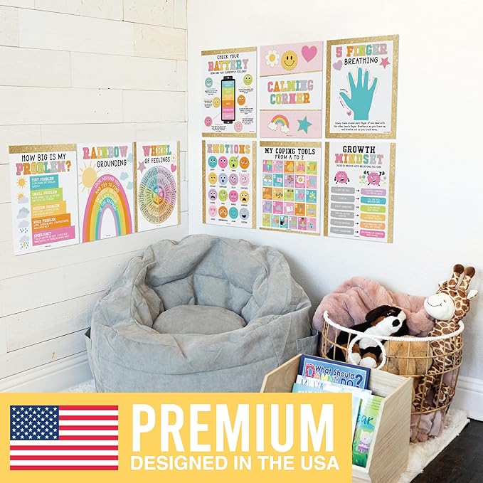 Hadley Designs 9 Calming Corner Posters For Classroom Must Haves For Teachers -11x14 Calm Down Corner Supplies, Feelings Chart For Kids Ages 4-8, Feelings Wheel Poster, Varsity Letter Classroom Decor