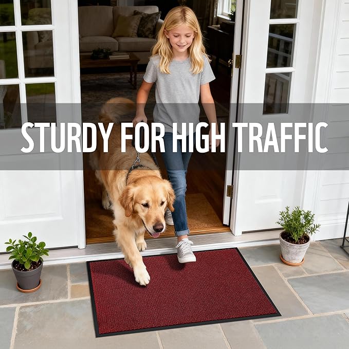 Yimobra Doormat Outdoor Indoor Entrance 47 x 32, All-Season All-Weather Front Door Mat, 100% Waterproof Welcome Matt for Floor Garage Outside Entry, Stain and Fade Resistant,Black Red