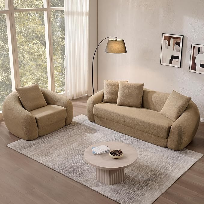 SICOTAS 90.6" Curved Convertible Sofa Couch Bed for Living Room Futon Cloud Boneless Sleeper Sofa Pull Out Floor Couch with Deep Seat Modern 3 Seater Foam Bed No Assembly for Bedroom Apartment, Brown