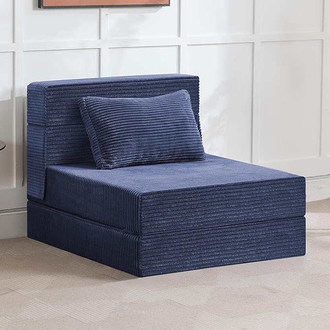 Folding Sofa Bed Convertible Floor Couch Foldable Chair Bed with Pillow，Linen Sleeper Chair Futon,Foldable Memory Foam Mattress for Bedroom/Living Room/Dorm/Office (Corduroy Navy, Single)