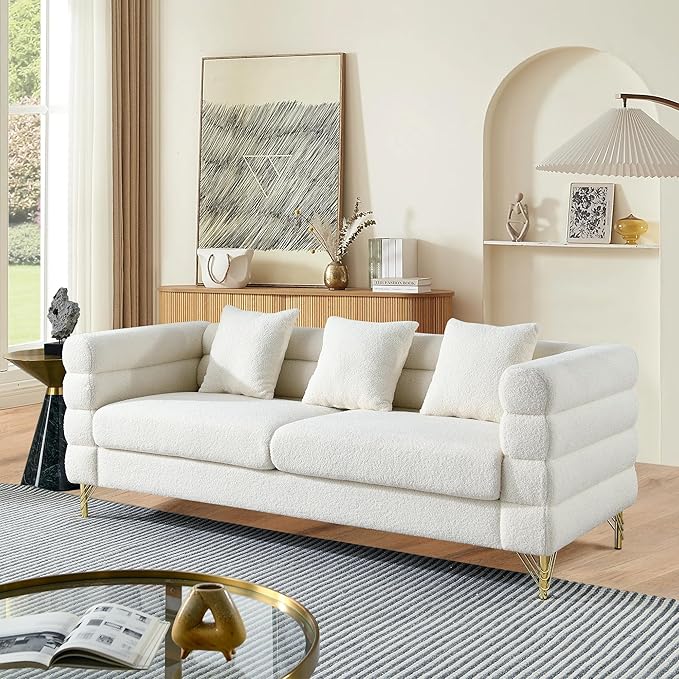 mikibama Modern Teddy Sectional Sofa, 81 Inch Oversized Sofa Couch, Luxury 3 Seater Deep Couch with 3 Pillows and Gold Metal Legs for Living Room, Bedroom, Apartment (White)