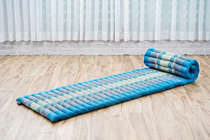 Leewadee - Foldable Floor Mattress - Japanese Roll Up Futon -Trifold Tatami Mat- Guest Floor Bed - Camping Mattress - Thai Massage Mat, Kapok Filled, 75 x 20 inches, Light Blue