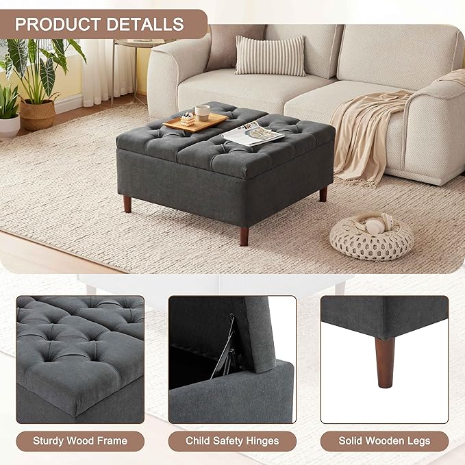 35 Inch Extra Large Storage Ottoman Coffee Table, No Assembly Required, Oversized Square Ottoman with Storage, Tufted Upholstered Ottomans Coffee Table for Living Room (Fabric, Dark Grey)