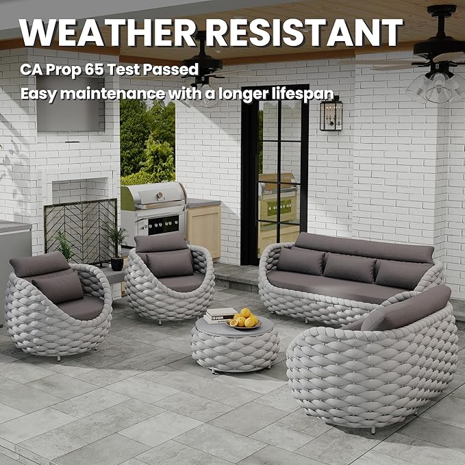 Erotr Patio Conversation Deck Furniture Sets: 6-Piece Aluminum Woven Rope Outdoor Sofa Set - Modern Cushions Couch Set - No Assembly Metal Porch Seating for Deck Yard Garden Lanai Pool Hotel Resort