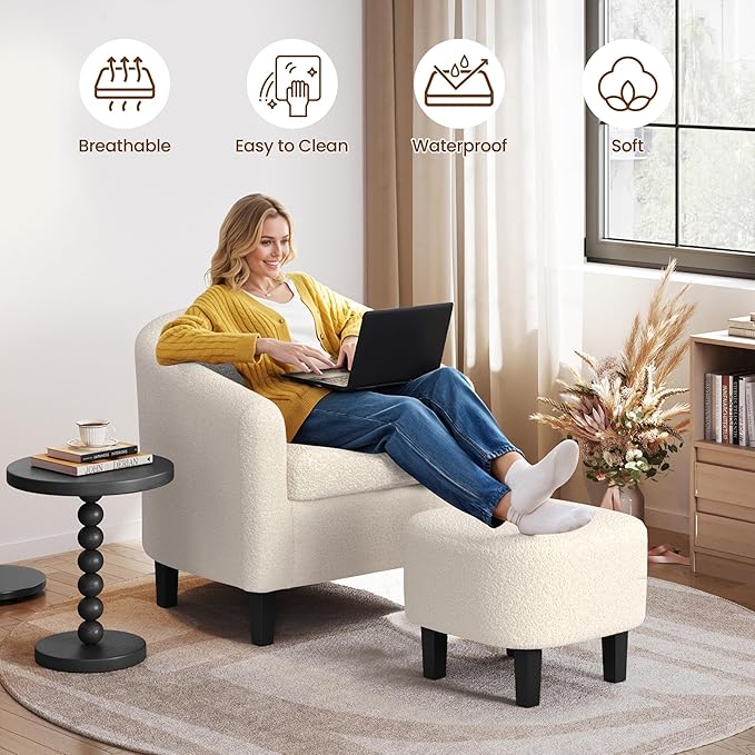 Yaheetech Accent Chair and Ottoman Set, Modern Fuzzy Sherpa Barrel Chair and Footrest, Comfy Boucle Armchair and Footstool for Living Room/Bedroom/Reading Room/Guestroom, Ivory