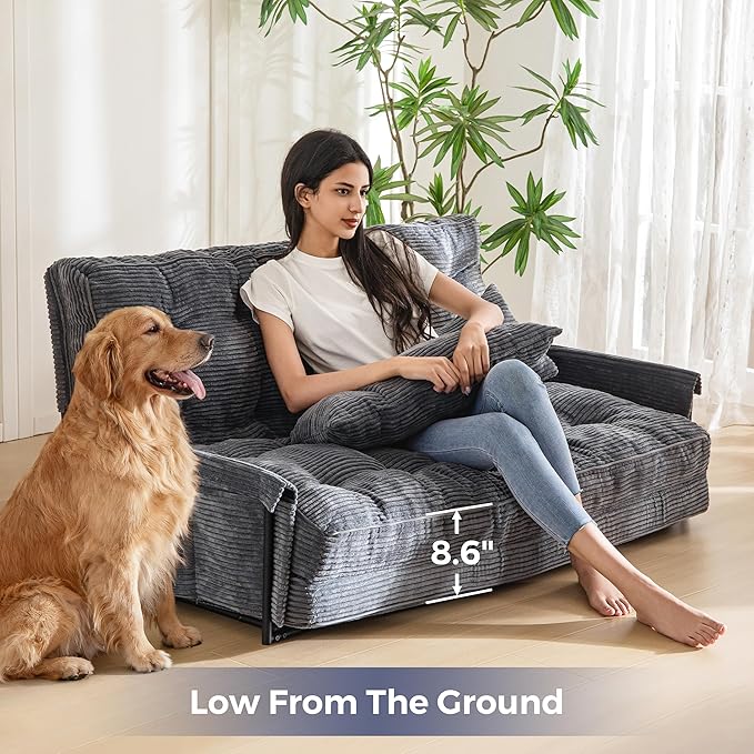 MAXYOYO Adjustable Floor Sofa Couch with 2 Pillows, Multi-Functional Bean Bag Bed, 5-Position Foldable Lazy Sofa Sleeper Bed with Armrest, Versatile Floor Seating for Reading, Dark Grey, Double