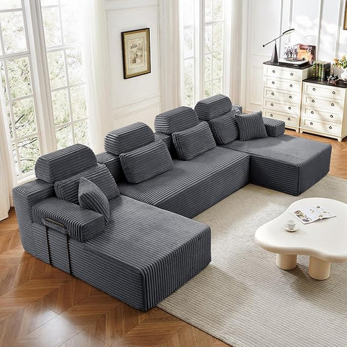 141" U-Shaped Cloud Modular Sectional Sofa with Chaise & Headrest, Boneless Deep Seat Plush Corduroy Couches for Large Living Room, No Assembly Required (Dark Gray, 141" U-shapred Chaise)