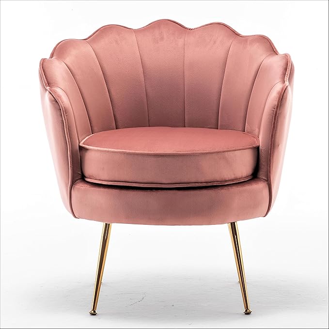 Container Furniture Direct Velvet Barrel Accent Chair with Scalloped Silhouette and Gold Metal Legs, Decorative Piece Suitable for Traditional, Modern, and Contemporary Spaces, Rose
