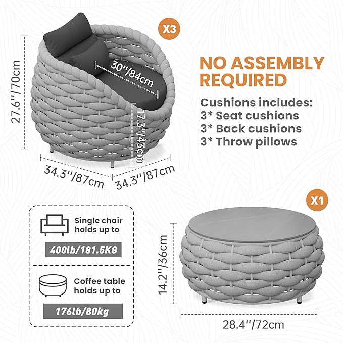 Erotr 4 Pieces Courtyard Seating Set: Aluminum Woven Rope Patio Furniture Chair Set - All Weather Metal Outdoor Conversation Set - Assembled Armchair w/Table for Bistro Deck Porch Balcony Pool Hotel