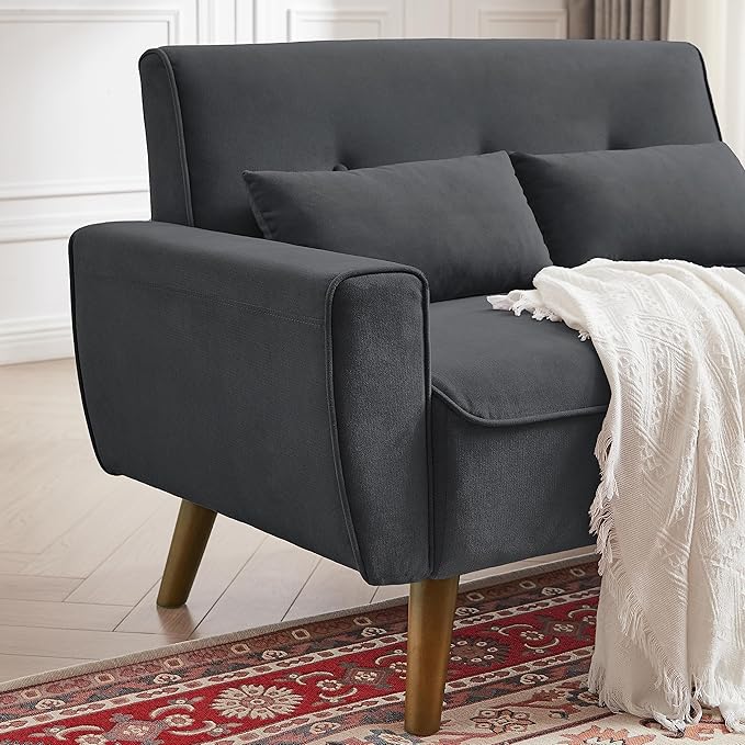 48" Loveseat Sofa, 2 Seater Love Seat Mid Century Modern Small Couches for Living Room Bedroom Apartment, 2 Throw Pillows and Plastic Legs, Dark Grey