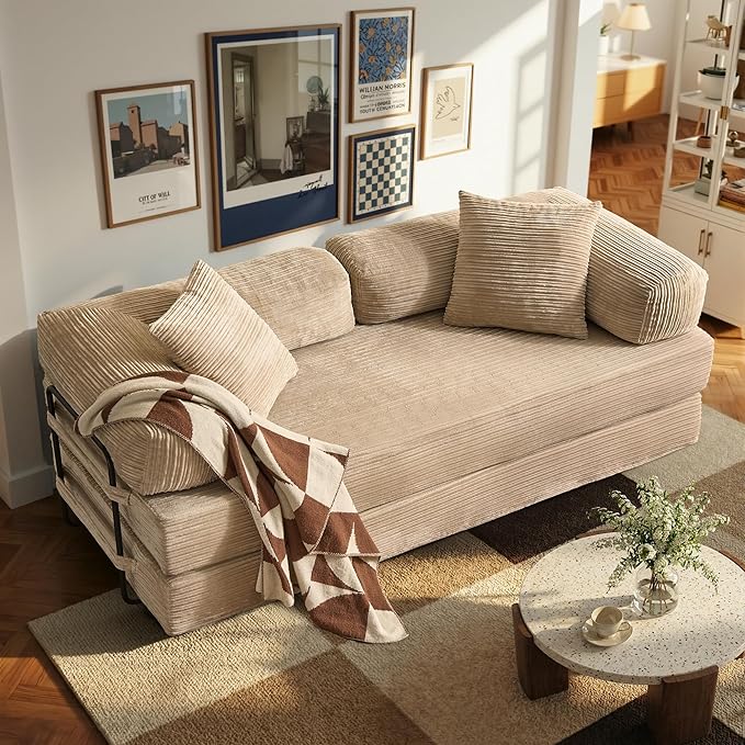 4-in-1 Folding Sofa Bed, 78" Oversized Corduroy Sleeper Chair, Convertible Loveseat to Floor Bed with Storage Pockets, Boneless Design for Living Room, Bedroom & Small Spaces
