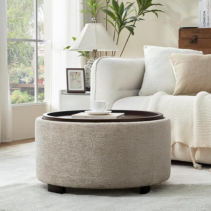 30 Inch Round Storage Ottoman, Ottoman Coffee Table with Lift Off Lid, Boucle Modern Ottomans with Storage for Living Room, Bedroom, Apartments (Light Brown Striped)