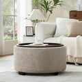 30 Inch Round Storage Ottoman, Ottoman Coffee Table with Lift Off Lid, Boucle Modern Ottomans with Storage for Living Room, Bedroom, Apartments (Light Brown Striped)