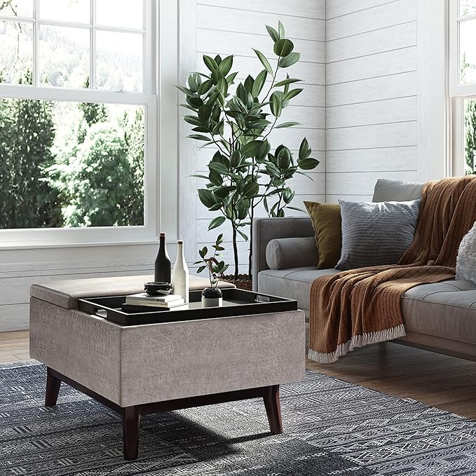 SIMPLIHOME Owen Tray Top Small Coffee Table Storage Ottoman - 34 inch Wide Upholstered Vegan Leather Rectangular Flip-Top Ottoman in Distressed Grey, Mid-Century Modern Ottoman for Living Room