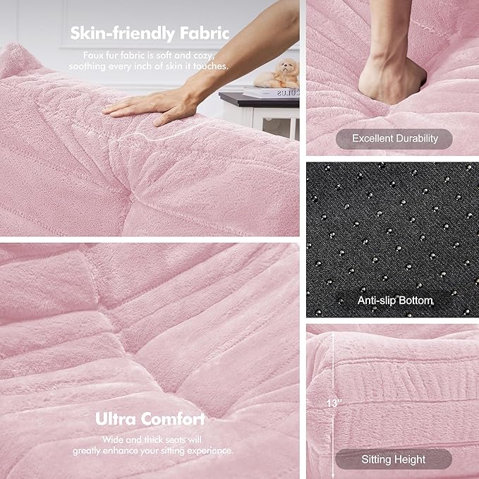 Bean Bag Loveseat Chair Big Sofa Beanbag Chair for Adults Fireside Chair Bean Bag Lounger with Memory Foam Filled for Home,Apartment or Gaming Venue（Pink Plush）