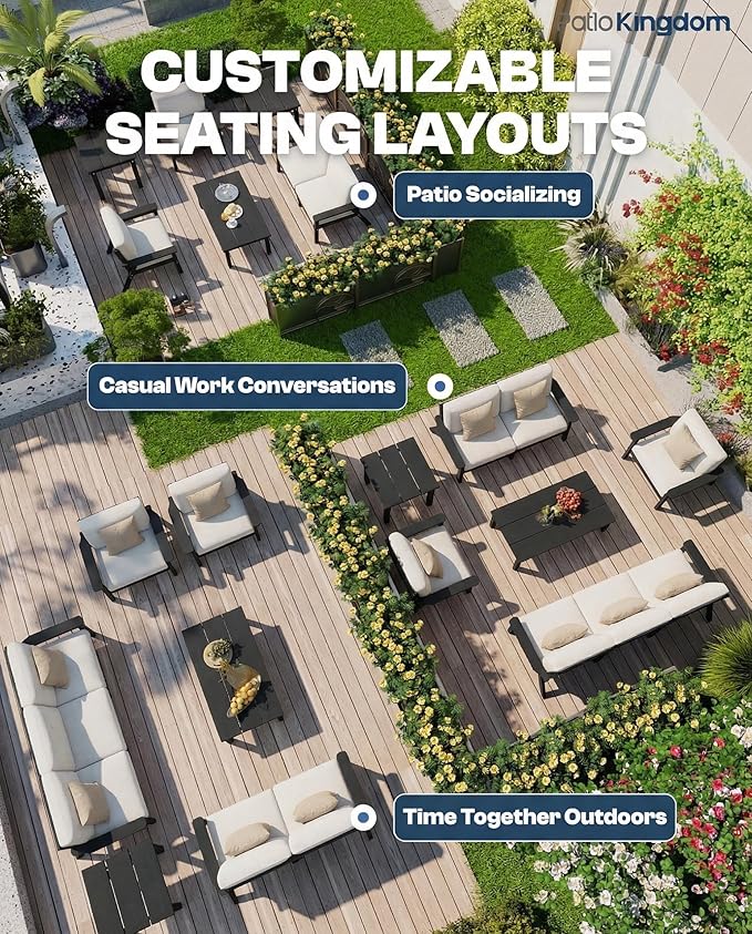 Patio Kingdom Patio Furniture Set 3 Seats, HDPE Outdoor Sectional with Washable Beige Thick Cushions, Coffee Table & Side Table, Patio Conversation Sets for Lawn, Garden, Porch, Balcony (Black Frame)