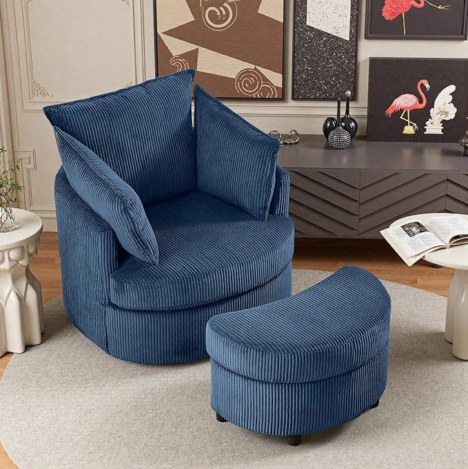 Chorlenimi Swivel Accent Chair Round Barrel Armchair Upholstered Living Room Chair Corduroy Reading Chair Single Sofa Chair for Bedroom Apartment Office (Blue, Upgrade 1Seater+ Ottoman)