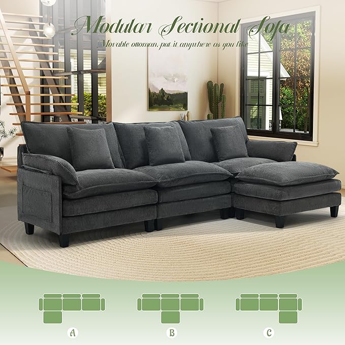 Comfy Cloud Couch with Movable Ottoman, Modular Sectional Sofa, 106" L Shaped Modern Sofa with Pillows, Deep Seat Couches for Living Room, Bedroom and Apartment, Grey