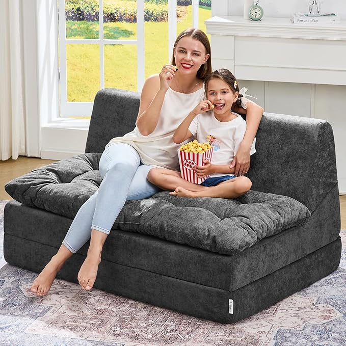 Hobestluk Sofa Couch Folding Sofa Bed Sleeper Comfy Floor Lounger Loveseat Sofa with Removable Cushion Couches Foldable Mattress for Living Room Bedroom or Office (Chenille Grey, Oversize)