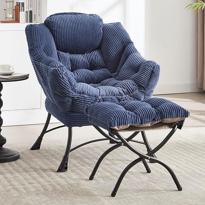 KEIKI Accent Chair with Storage & Ottoman, Flannelette Reading Corner Lazy Chairs w/Steel Frame, Comfy Lounge Arm Chair W/Footrest, Leisure Sofa Armchair for Living Room, Easy Assembly, Navy Blue