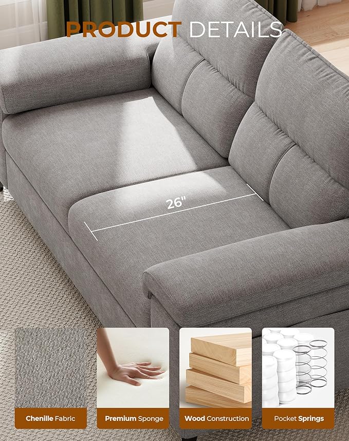 Upvilla 71.25" Modern Couches for Living Room, Deep Seat Sofa with 8” Cushion, Comfy 2-Seater Chenille Loveseat with Convertible Armrest, Removable Sofa Cover, High Leg(Light Gray)