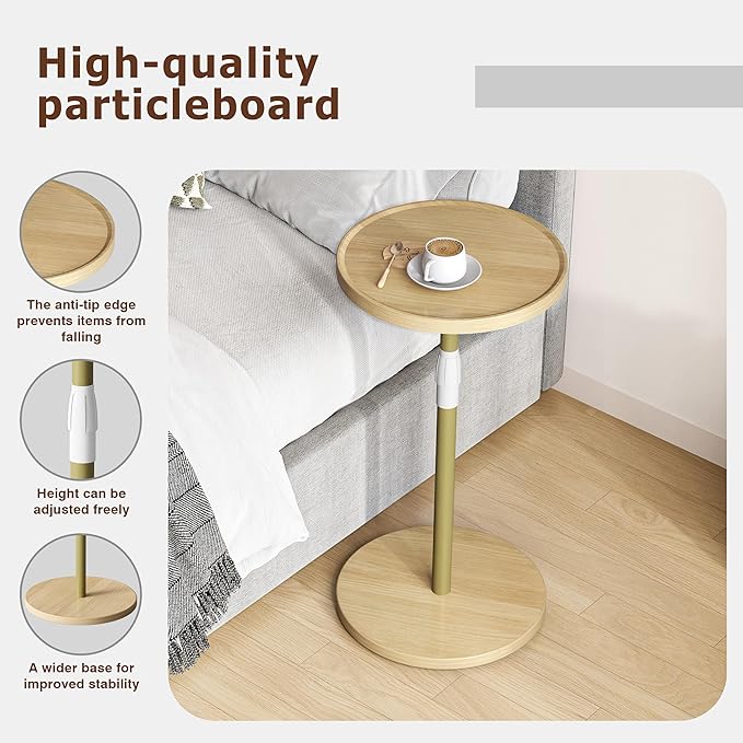 IRCPEN Adjustable End Table, Small Round Side Table, Drink Table for Small Spaces, Pedestal Nightstand for Living Room, Bedroom, Sofa Couch, Natural ET-010YW