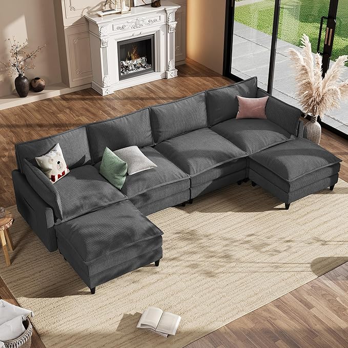 Apicizon 143" Cloud Couch Sectional, 4-Seat Deep Sofa Couch with Ottoman, Modern U Shape Sectional Cloud Sofa Corduroy for Living Room, Apartment, Office, Grey