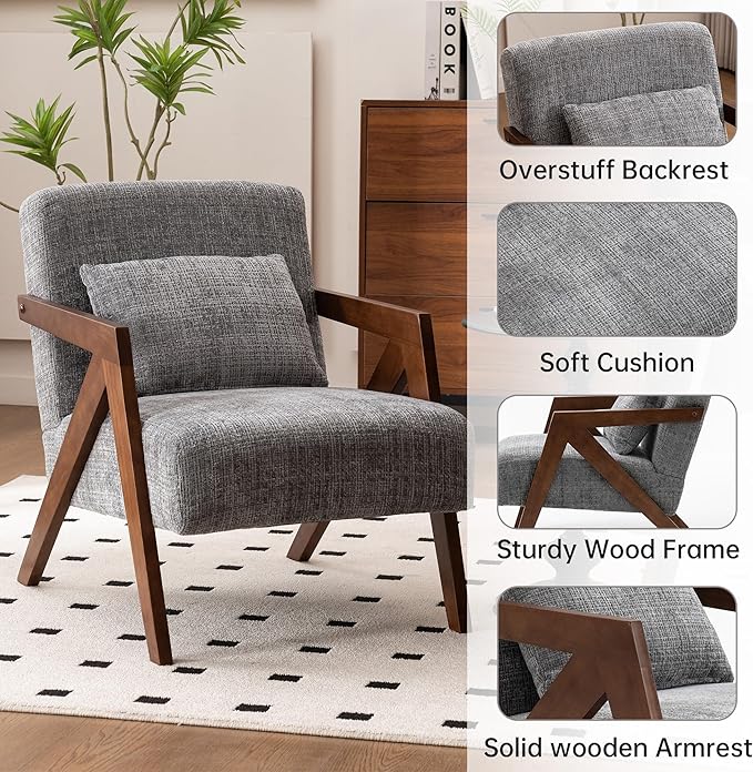 Mid-Century Modern Accent Chair Set of 2 with Solid Wood Frame，Upholstered Chenille Living Room Arm Chairs with Pillow for Bedroom, Living Room, Reading Room, Balcony, Grey