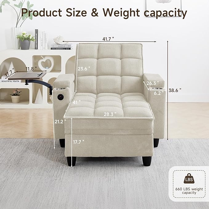 oaaktu Single Modern Comfy Upholstered Chaise Lounge Sofa Chair with Rotating Side Table,Storage,Pillow,USB Charging Ports and Adjustable Backrest Perfect for Living Room, Small Spaces (Beige)