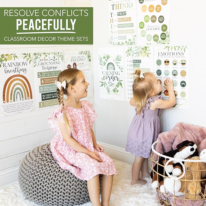 Hadley Designs 8 Calming Corner Posters for Classroom Must Haves for Teachers - 11x17 Calm Down Corner Supplies, Feelings Chart for Kids Ages 4-8, Toddler Emotions Chart, Greenery Classroom Decor