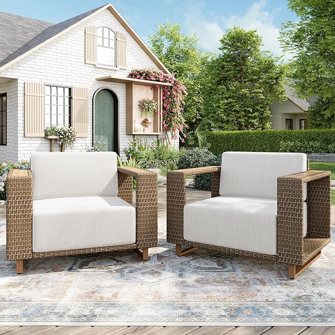 MIXPATIO 2 Pcs Outdoor Patio Furniture Set, Outdoor Wicker Sofa Couch, Rattan Armchairs Set of 2 with 10" Extra Thick Cushions for Deck Backyard Lawn