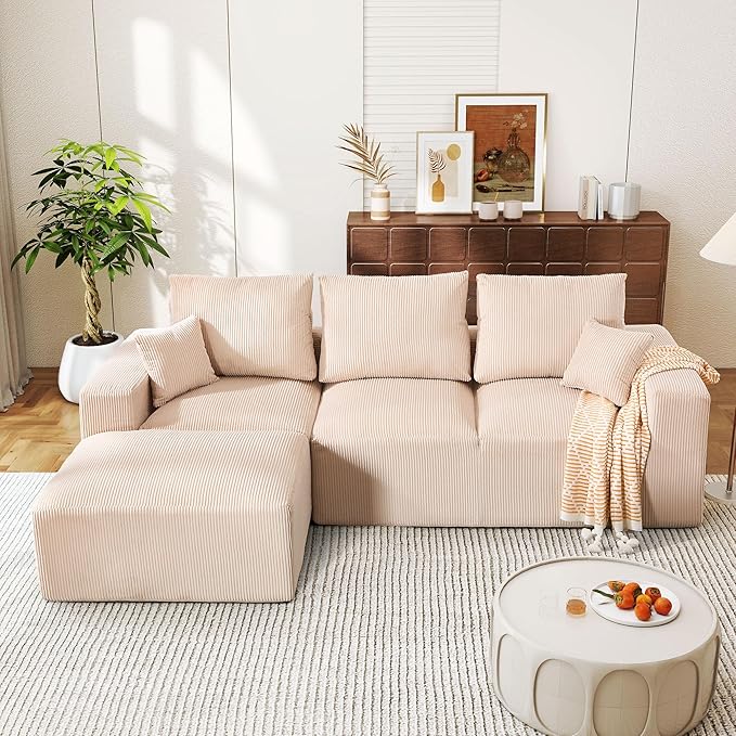 WESTSETLUX 108” Cloud Sectional Sofa Couch with High-Seat, Corduroy Modular Sofa with Oversized Chaise, High-Back Modern L-Shaped Couches for Living Room, No Assembly Required (Oatmeal)