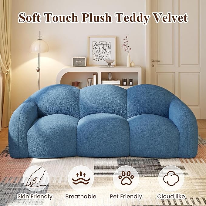 WJShome 90" Modern Curved Upholstered Cloud Couch, Deep Seat 3 Seater Bubble Couch, Cozy Boneless Plush Teddy Velvet Couches for Living Room, Bedroom, Apartment (Blue)