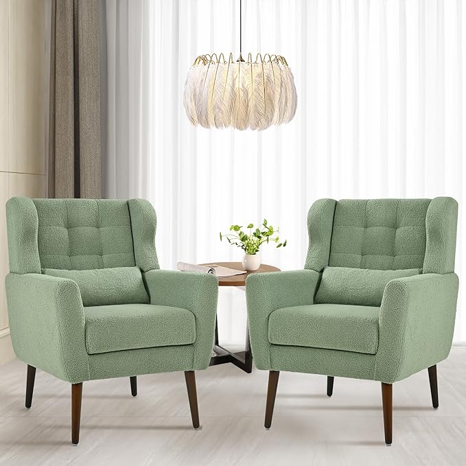 QKFF Accent Chair Set of 2, Upholstered Armchair with Pillow, Teddy Single Sofa Chair with Lounge Seat and Wood Legs for Living Room Small Spaces