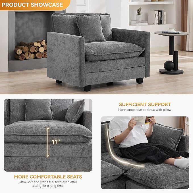 WUTUTUEE 41'' Modern Chenille Oversized Chair, Upholstered Accent Living Room Chair with Extra Thicked Deep Seat, Single Lounge Chair for Bedroom, Small Apartment, Grey